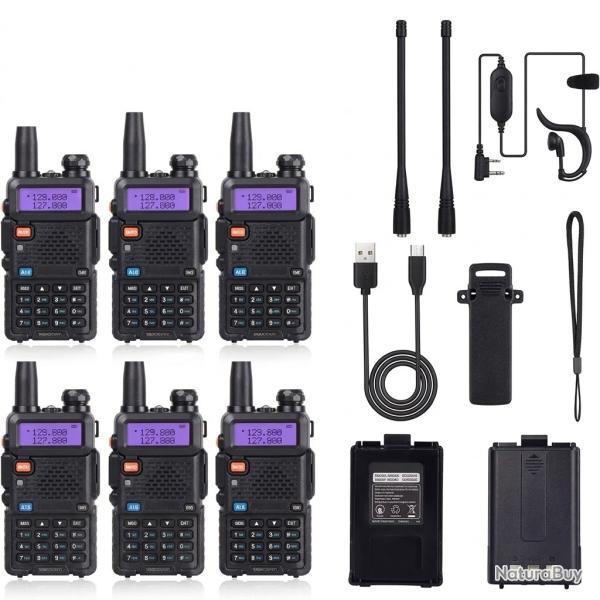 Lot 6 Talkies-Walkies UV-5R 5W VHF/UHF Double Bande 128 Canaux VOX Radio Rechargeable Chasse Randonn