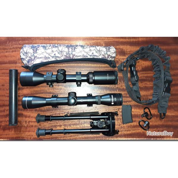 LOT LUNETTES  DE TIR  , BIPIED , SILENCIEUX ET ACCESSOIRES
