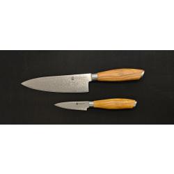 Hakami Tsubaki HATSU14 - Set 2 Couteaux Damas 67 Couches - Chef 20 cm et Office 9 cm - manche Olivie
