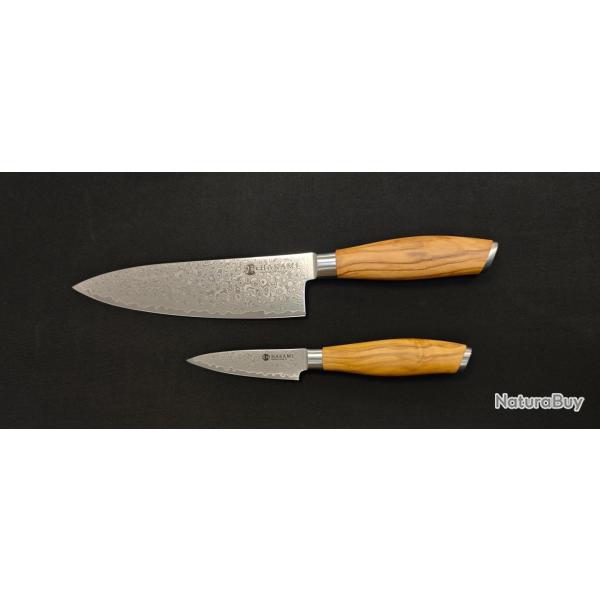Hakami Tsubaki HATSU14 - Set 2 Couteaux Damas 67 Couches - Chef 20 cm et Office 9 cm - manche Olivie