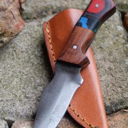 Couteau Skinner de Poche Lame Acier Carbone 1055 Manche 2 Bois Etui Cuir Fab Artisanale