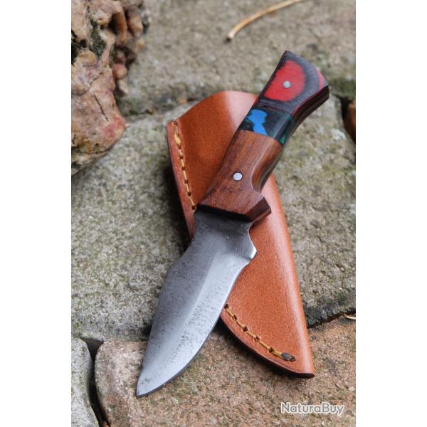Couteau Skinner de Poche Lame Acier Carbone 1055 Manche 2 Bois Etui Cuir Fab Artisanale