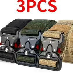 Lot 3 Ceintures Homme Femme Toile Canvas R&eacute;glables 120 cm Noir Beige Vert Boucle Rouge