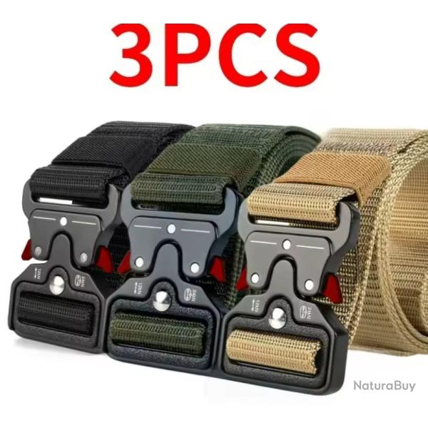 Lot 3 Ceintures Homme Femme Toile Canvas R�glables 120 cm Noir Beige Vert Boucle Rouge