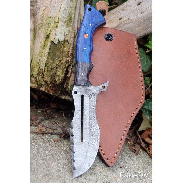 Couteau Skinner Trakker Damas Lame 256 Couches Manche Bois Atlantide Fabr Artisanale Etui Cuir