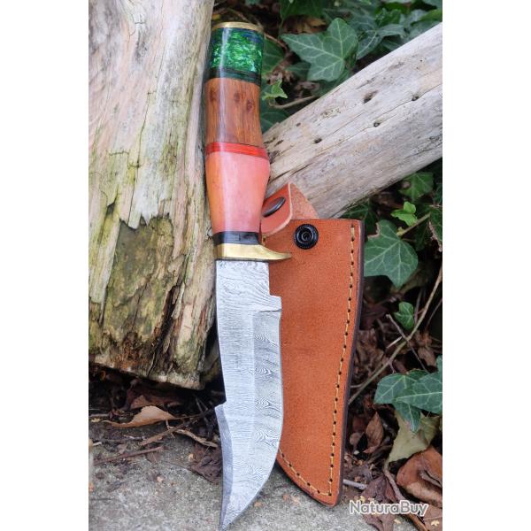 Couteau Poignard Lame Acier Damas 256 Couches Manche Os/Bois Garde Laiton Etui Cuir Fabr ArtisanaleA