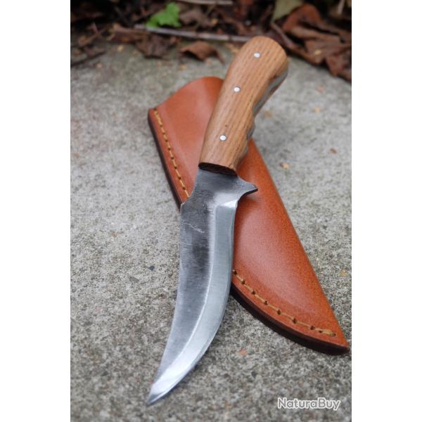 Couteau Skinner Lame Scrimitar Acier Carbone 1075 Manche Bois Olivier Etui Cuir Fab Artisanale