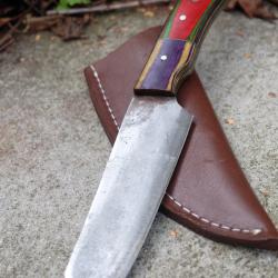 Couteau de Rando Cuisine Lame Santoku Acier Carbone 1055 Manche 2 Bois Etui Cuir Fab Artisan
