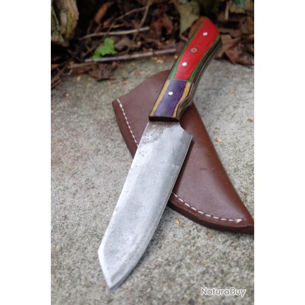 Couteau de Rando Cuisine Lame Santoku Acier Carbone 1055 Manche 2 Bois Etui Cuir Fab Artisan