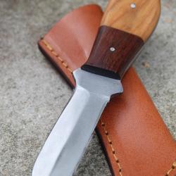 Couteau Dague Lame Acier Carbone 1055 Manche 2 Bois Etui Cuir Fabric Artisanale
