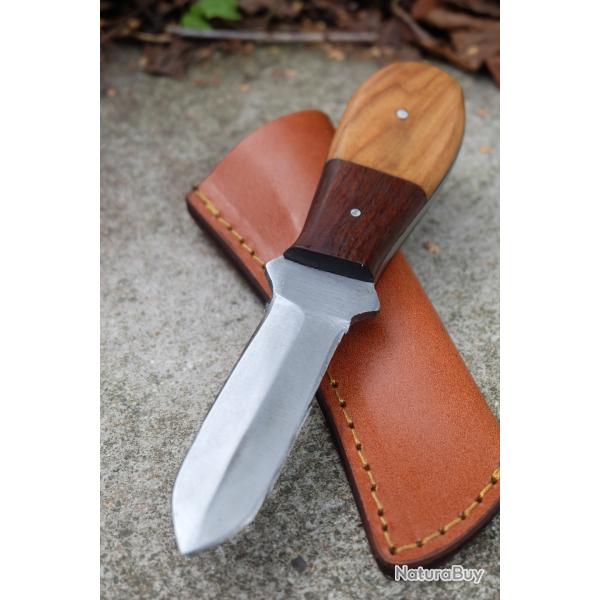 Couteau Dague Lame Acier Carbone 1055 Manche 2 Bois Etui Cuir Fabric Artisanale