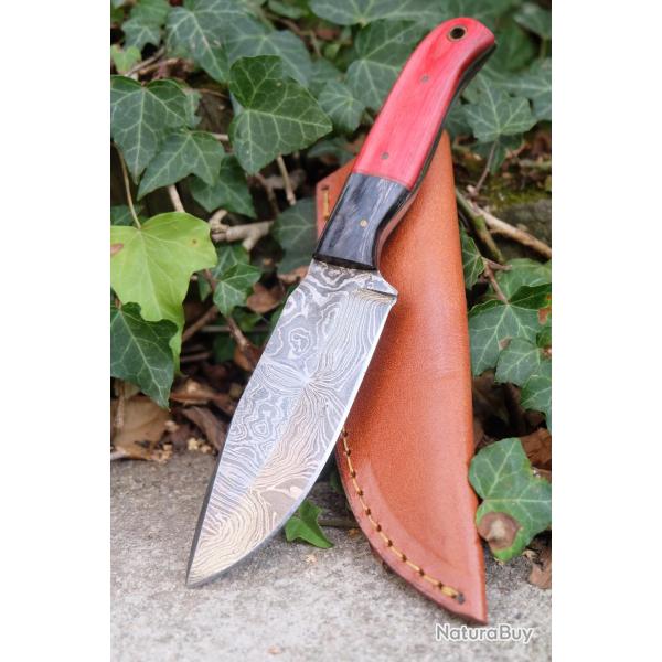 Couteau Skinner Lame Acier Damas 256 Couches Manche 2 Bois Etui Cuir Fabric Artisanale