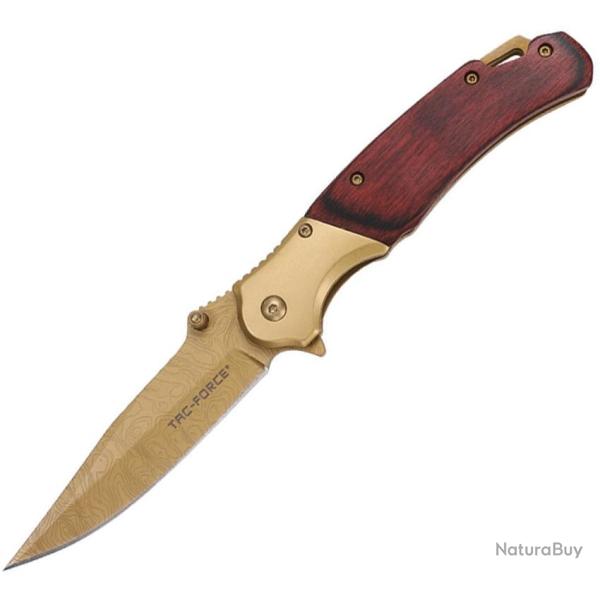 Couteau Pliant Tac Force A/O Lame Acier 3Cr13MoV Manche Aluminium et Bois Dor� et Marron TF2009GD