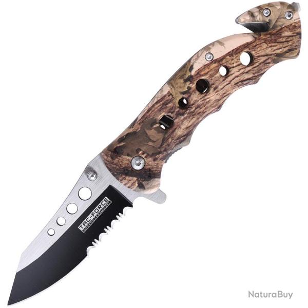 Couteau Pliant Tac Force Rescue A/O Lame Acier 3Cr13 Manche Inox Camo Marron Linerlock TF498BC