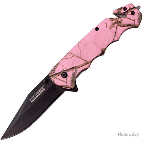 Couteau Pliant Tac Force Rescue A/O Lame Acier 3Cr13 Manche Aluminium Camo Rose Clair TF499PC