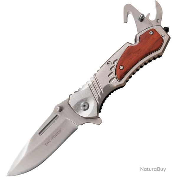 Couteau Pliant Tac Force Rescue A/O Lame Acier 3Cr13 Manche Aluminium et Bois Argent TF606SRW