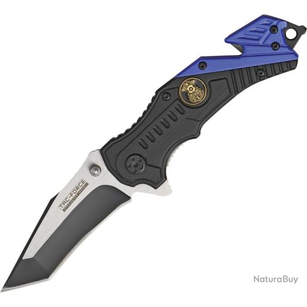 Couteau Pliant Tac Force Rescue Police A/O Lame Acier 3Cr13 Manche Aluminium Noir et Bleu TF640PD
