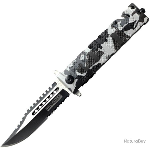 Couteau Pliant Tac Force Rescue A/O Lame Acier 3Cr13 Manche Aluminium Camo Noir et Gris TF710DW