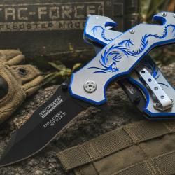 Couteau Pliant Tac Force Dragon Strike Lame Acier 3Cr13 Manche Aluminium Bleu et Gris TF759GY
