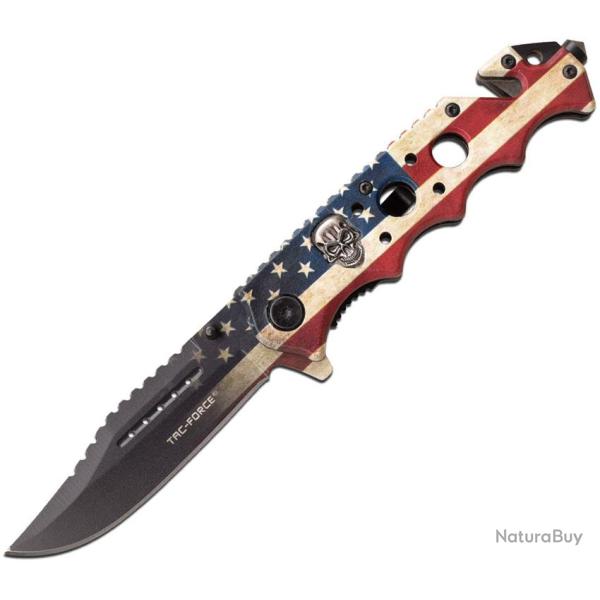 Couteau Pliant Tac Force Flag Skull A/O Lame Acier 3Cr13 Manche Aluminium Linerlock TF809F