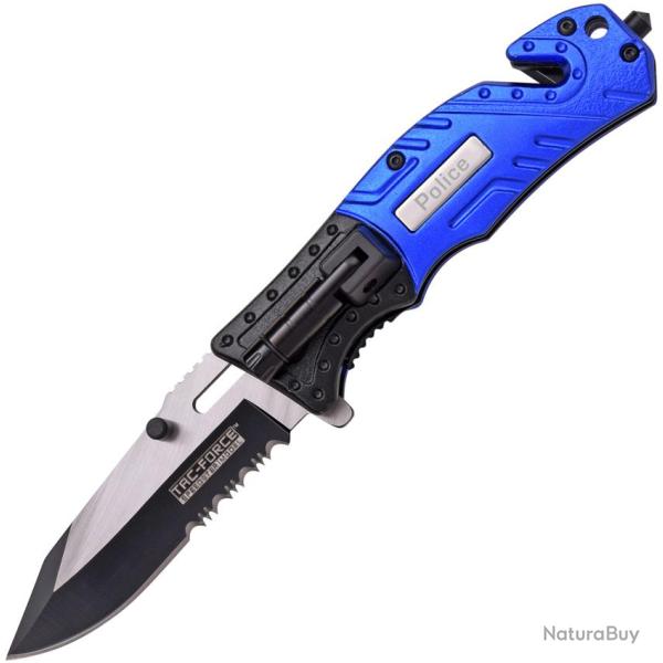 Couteau Pliant Tac Force Rescue Police A/O Lame Acier 3Cr13 Manche Aluminium Bleu et Noir TF835PD