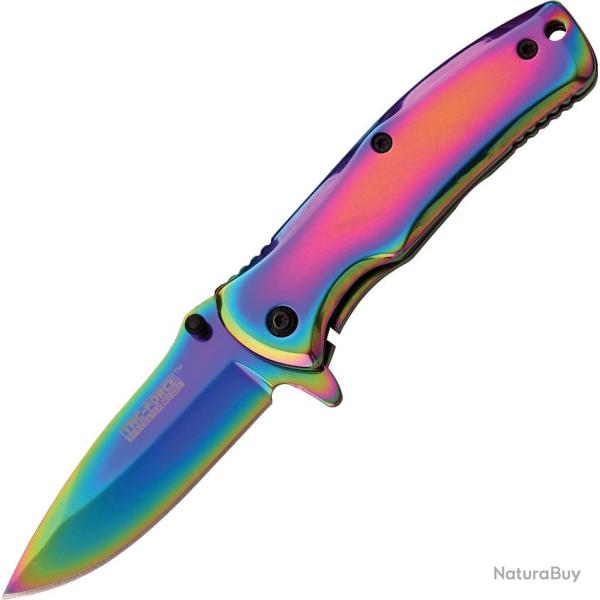 Couteau Pliant Tac Force A/O Lame Acier 440C Drop Point Manche Inox Arc-en-ciel Framelock TF848RB