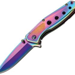 Couteau Pliant Tac Force A/O Lame Acier 3Cr13 Drop Point Manche Inox Arc-en-ciel Framelock TF926RB