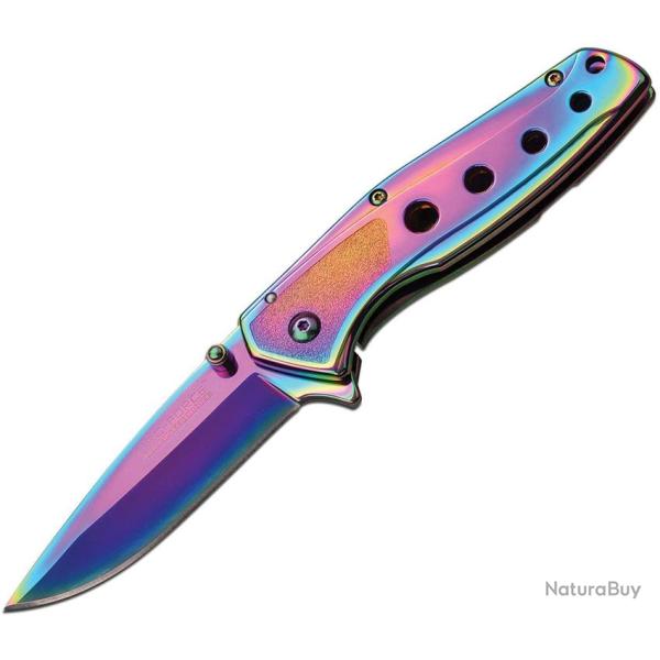 Couteau Pliant Tac Force A/O Lame Acier 3Cr13 Drop Point Manche Inox Arc-en-ciel Framelock TF926RB