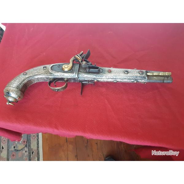 PISTOLET OTTOMAN 19 EME A SILEX CANONS PIVOTANTS EN ARGENT MASSIF OLD SIVER OTTOMAN GUN 19 TH