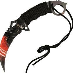 Couteau Fixe MTech Karambit Lame Inox Semi-Dentel&eacute;e Manche Cordelette Noir &Eacute;tui Nylon MT2076GLX