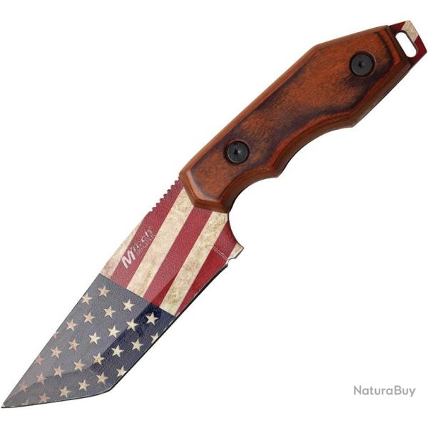 Couteau Fixe MTech American Flag Lame Acier 3Cr13 Tanto Manche Pakkawood Marron �tui Nylon MT2087A