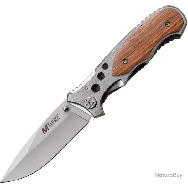 Couteau Pliant MTech Lame Acier 3Cr13 Drop Point Manche Inox et Bois Linerlock MT423RW