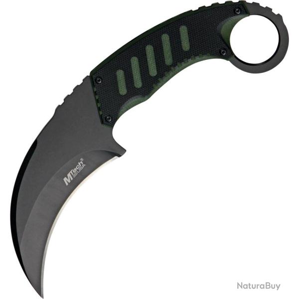 Couteau Fixe MTech Karambit Lame Acier 440 Manche Inox et G10 Noir et Vert �tui Plastique MT665BG