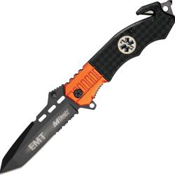 Couteau Pliant MTech Rescue Lame Acier 3Cr13 Manche Synth&eacute;tique Noir et Orange Linerlock MT740EM
