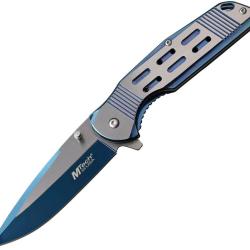 Couteau Pliant MTech A/O Lame Acier 3Cr13 Drop Point Manche Inox Bleu et Argent Framelock MTA1019BL