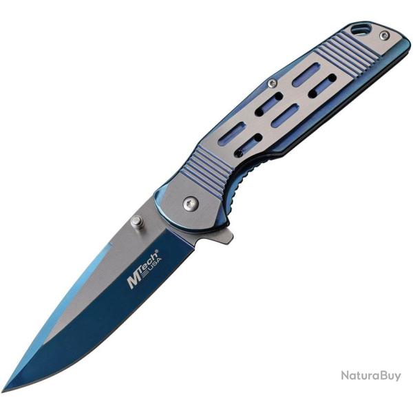 Couteau Pliant MTech A/O Lame Acier 3Cr13 Drop Point Manche Inox Bleu et Argent Framelock MTA1019BL
