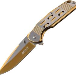 Couteau Pliant MTech A/O Lame Acier 3Cr13 Drop Point Manche Inox Dor&eacute; Framelock MTA1019GD