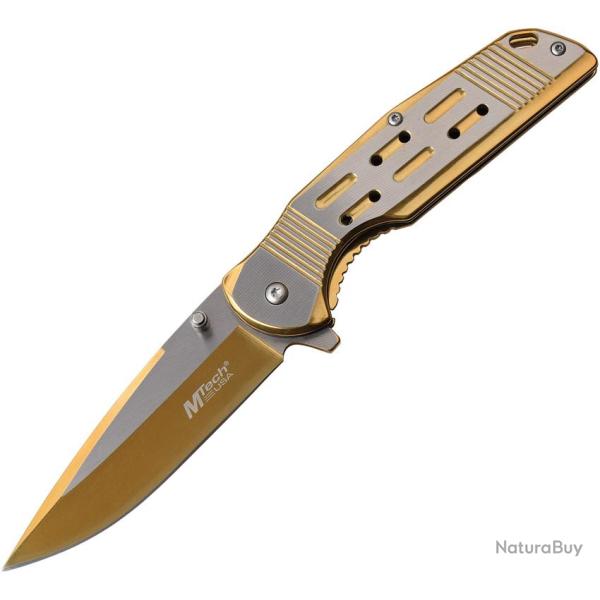 Couteau Pliant MTech A/O Lame Acier 3Cr13 Drop Point Manche Inox Dor� Framelock MTA1019GD