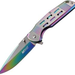 Couteau Pliant MTech A/O Lame Acier 3Cr13 Drop Point Manche Inox Arc-en-ciel Framelock MTA1019RB