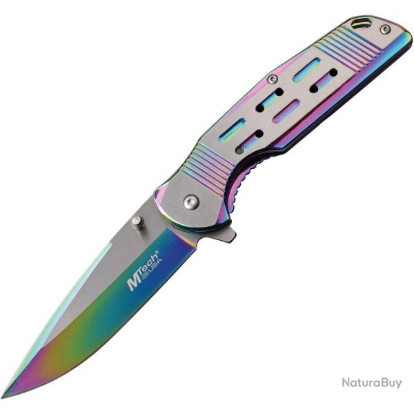 Couteau Pliant MTech A/O Lame Acier 3Cr13 Drop Point Manche Inox Arc-en-ciel Framelock MTA1019RB