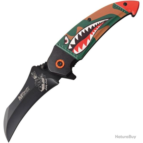Couteau Pliant MTech Shark A/O Lame Acier 3Cr13 Hawkbill Manche Aluminium Camo Linerlock MTA1130GN