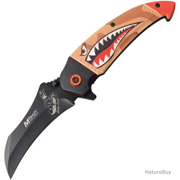 Couteau Pliant MTech Shark A/O Lame Acier 3Cr13 Hawkbill Manche Aluminium Tan Linerlock MTA1130TN
