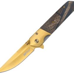 Couteau Pliant MTech A/O Lame Acier 3Cr13MoV TiNi Dor&eacute;e Manche Bois Marron Linerlock MTA2004BG