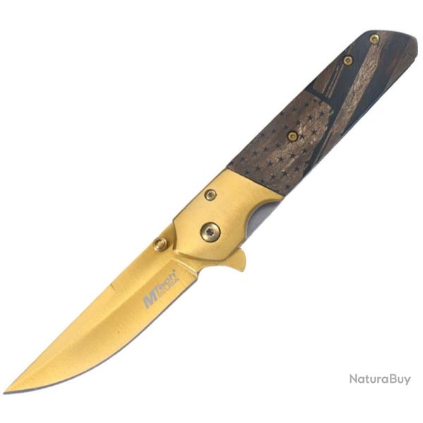 Couteau Pliant MTech A/O Lame Acier 3Cr13MoV TiNi Dor�e Manche Bois Marron Linerlock MTA2004BG