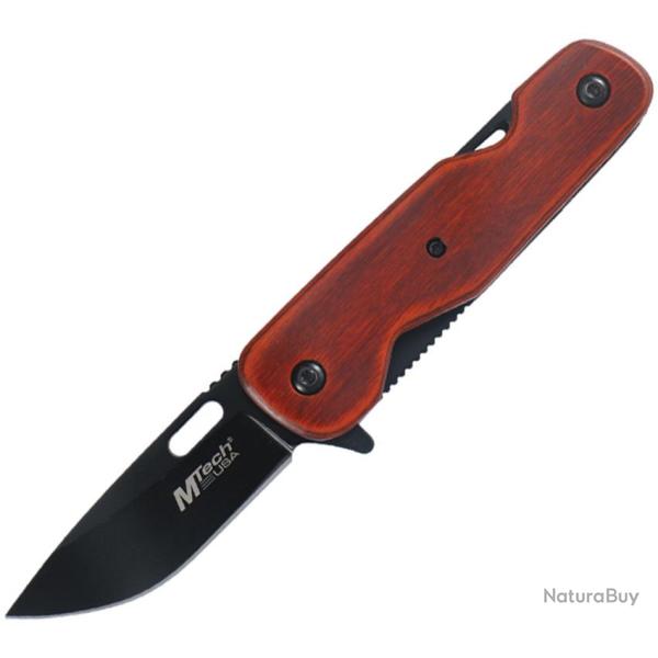 Couteau Pliant MTech A/O Lame Acier 3Cr13MoV Noire Manche Bois Marron Linerlock MTA2008BB