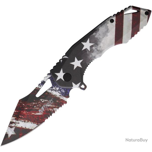 Couteau Pliant MTech American Flag A/O Lame Acier 3Cr13 Semi-Dentel�e Manche Aluminium MTA2020FG