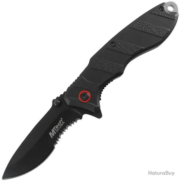 Couteau Pliant MTech A/O Lame Acier 3Cr13MoV Noire Semi-Dentel�e Manche Aluminium Noir MTA2048BK