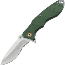 Couteau Pliant MTech A/O Lame Acier 3Cr13MoV Satin&eacute;e Semi-Dentel&eacute;e Manche Aluminium Vert MTA2048GN