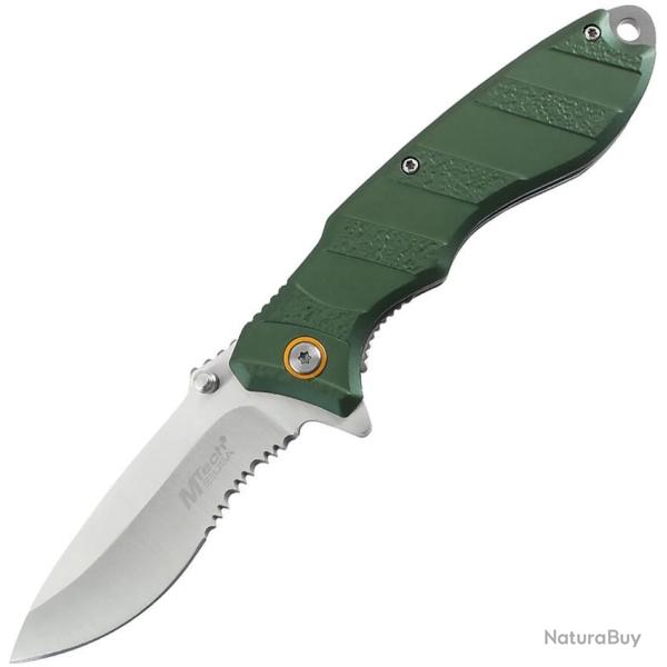 Couteau Pliant MTech A/O Lame Acier 3Cr13MoV Satin�e Semi-Dentel�e Manche Aluminium Vert MTA2048GN