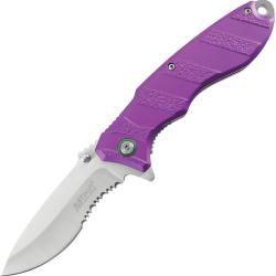 Couteau Pliant MTech A/O Lame Acier 3Cr13MoV Satin&eacute;e Semi-Dentel&eacute;e Manche Aluminium Violet MTA2048PL